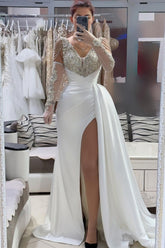 Chic White A-Line V-Neck Sleeveless Beaded Front Slit Panel Train Satin Evening Dresses With Rhinestones